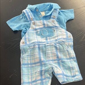 First Impressions Light Blue Plaid Overalls with blue polo